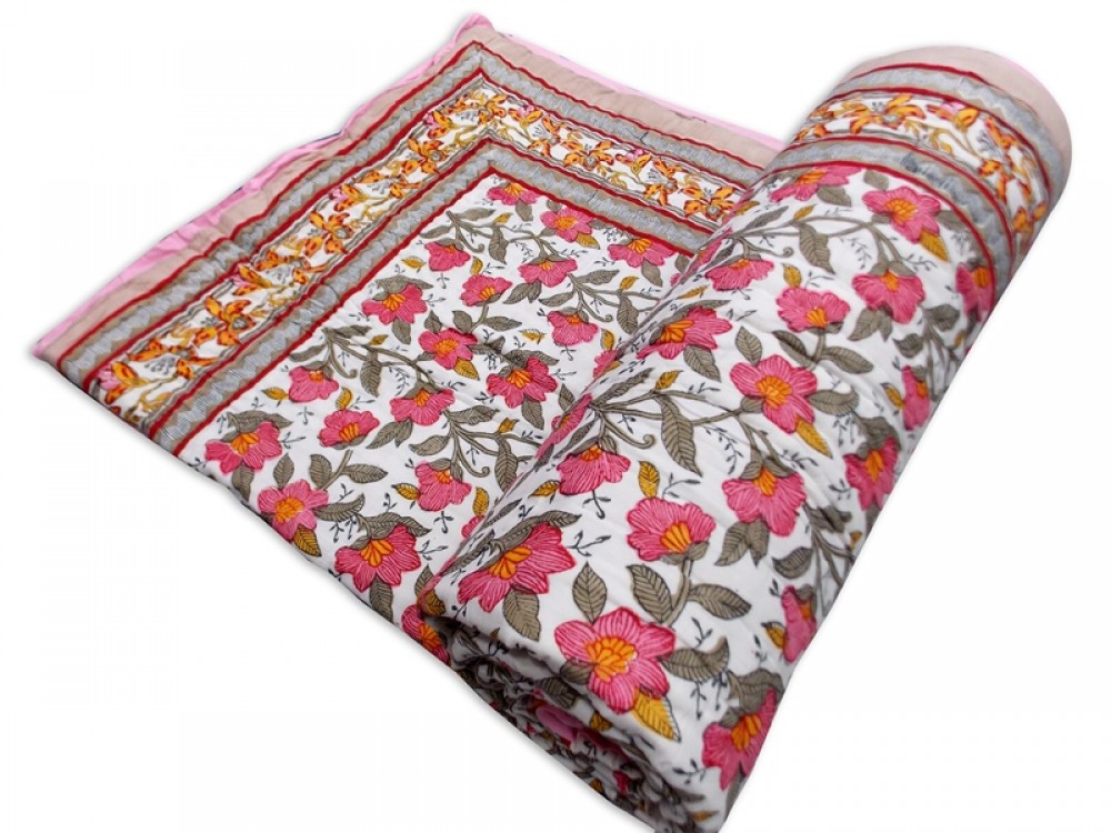 Double Bed Jaipuri Quilt / Razai Hand Block Printing Floral Design Size 90*108